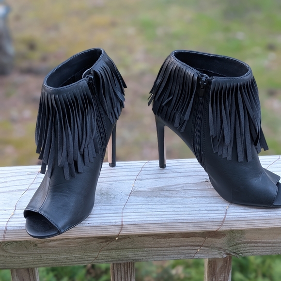Madden Girl Black Fringe Peep-Toe Stiletto Ankle Heels - Picture 2 of 6